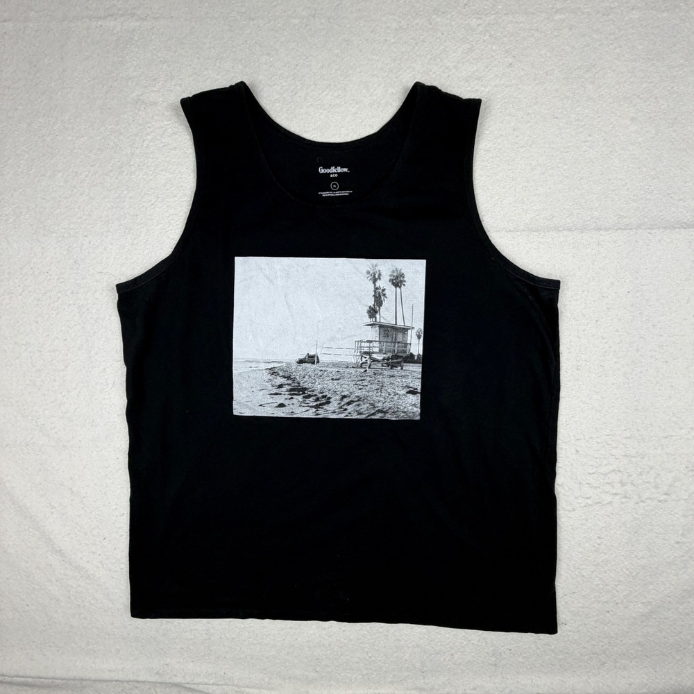 Goodfellow & Co Mens XL Black Beach Graphic Tank Top Palm Trees Lifeguard Stand